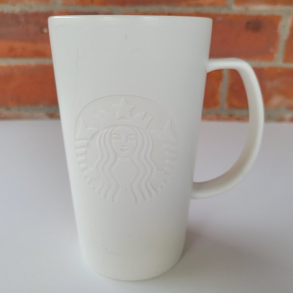 Rare Starbucks Ceramic 16 Oz Coffee Mug 2015 White On White Embossed Siren Logo